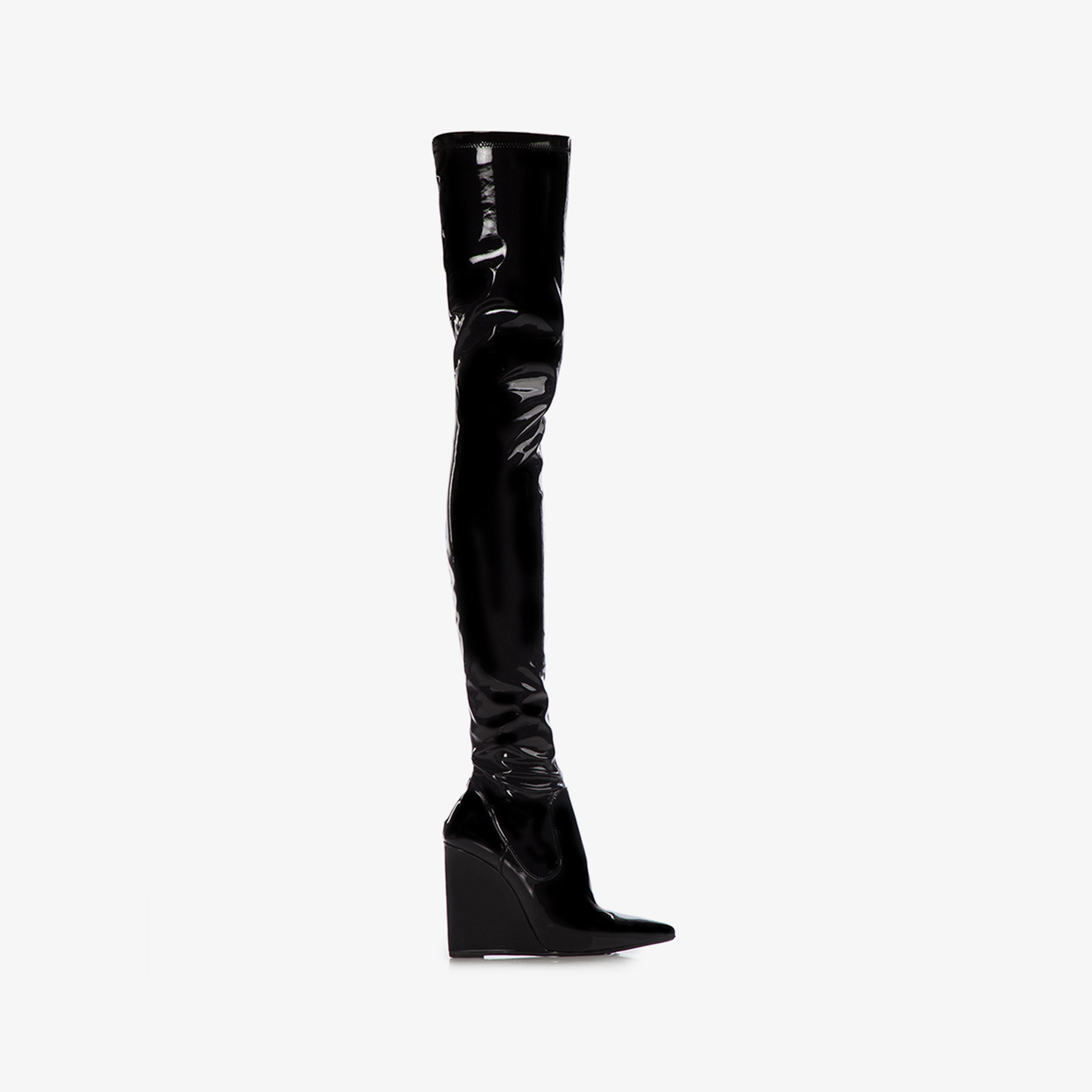 Black Stretch Vinyl Over The Knee Boot With Wedge Heel Le Silla