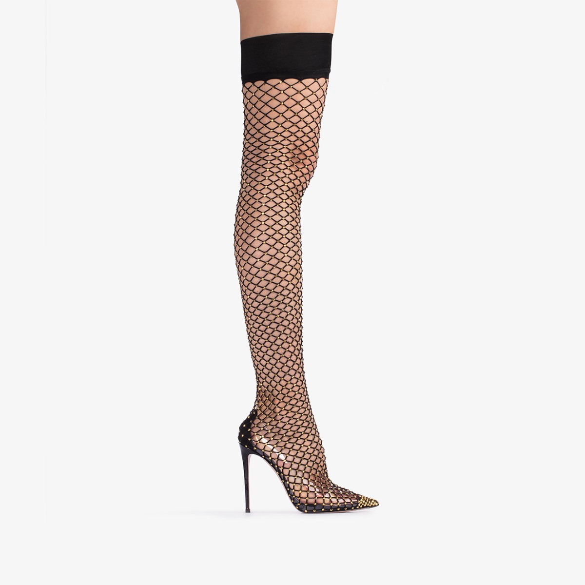 Black fishnet thigh high boot with gold Crystals Le Silla
