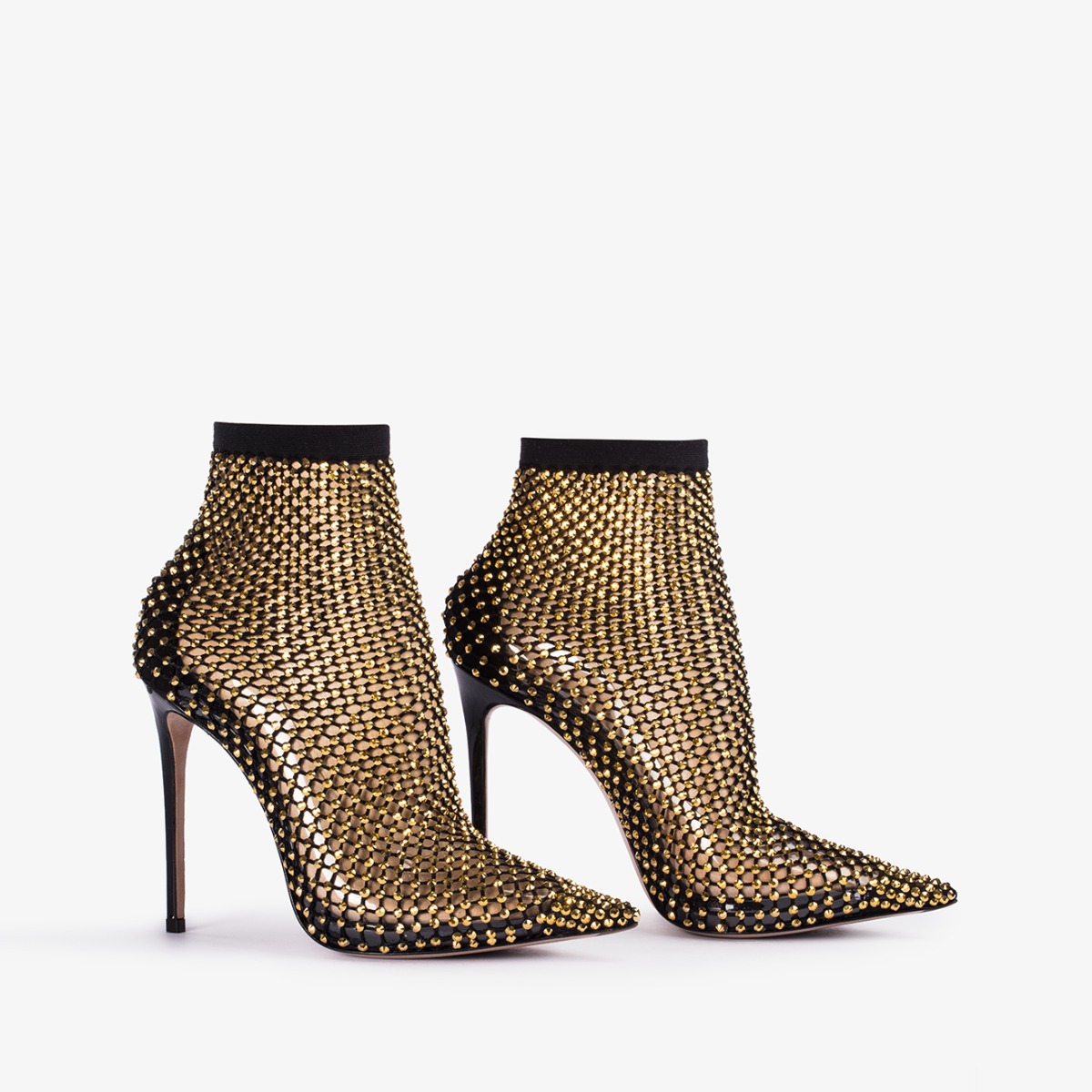 Black fishnet ankle boot and gold Crystals Le Silla