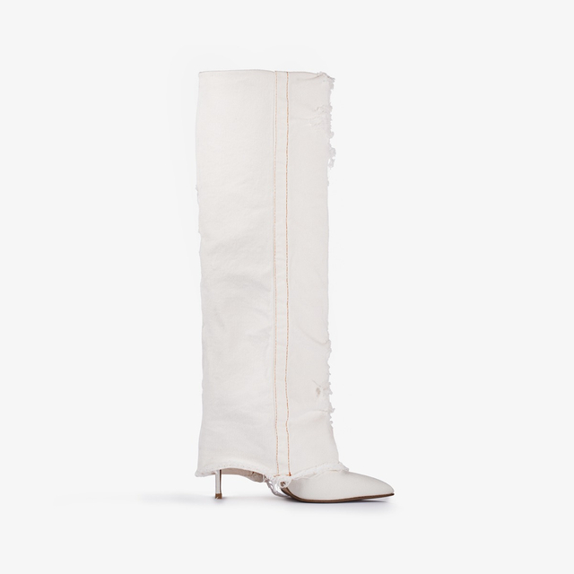 Le Silla Stivale al ginocchio con risvolto denim bianco distressed