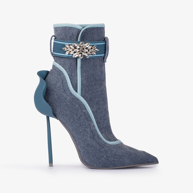 Le Silla Stivaletto denim stretch blu con Cristalli argento