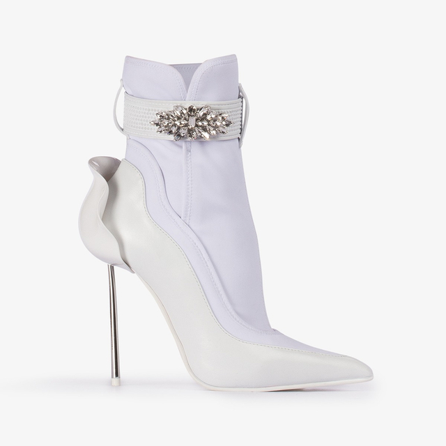 Le Silla Stivaletto pelle e tessuto bianco con Cristalli argento