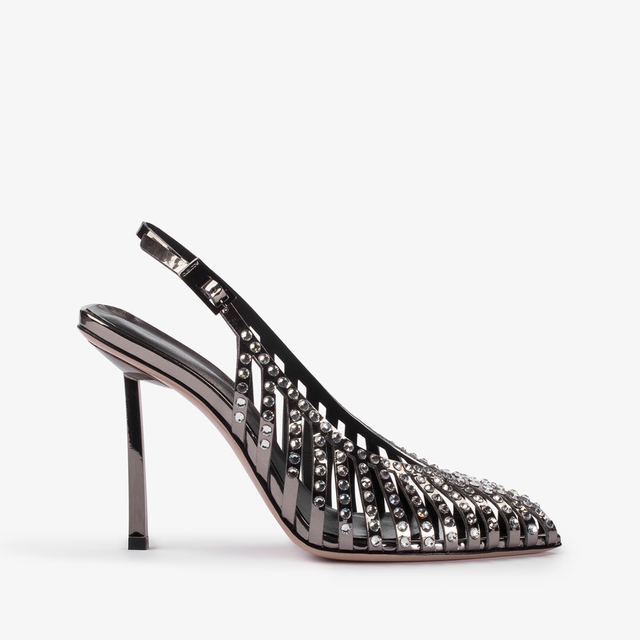 Le Silla Slingback gioiello con listini metallizzata peltro e Cristalli