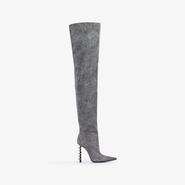 Le Silla Stivale sopra il ginocchio denim stretch nero con borchie